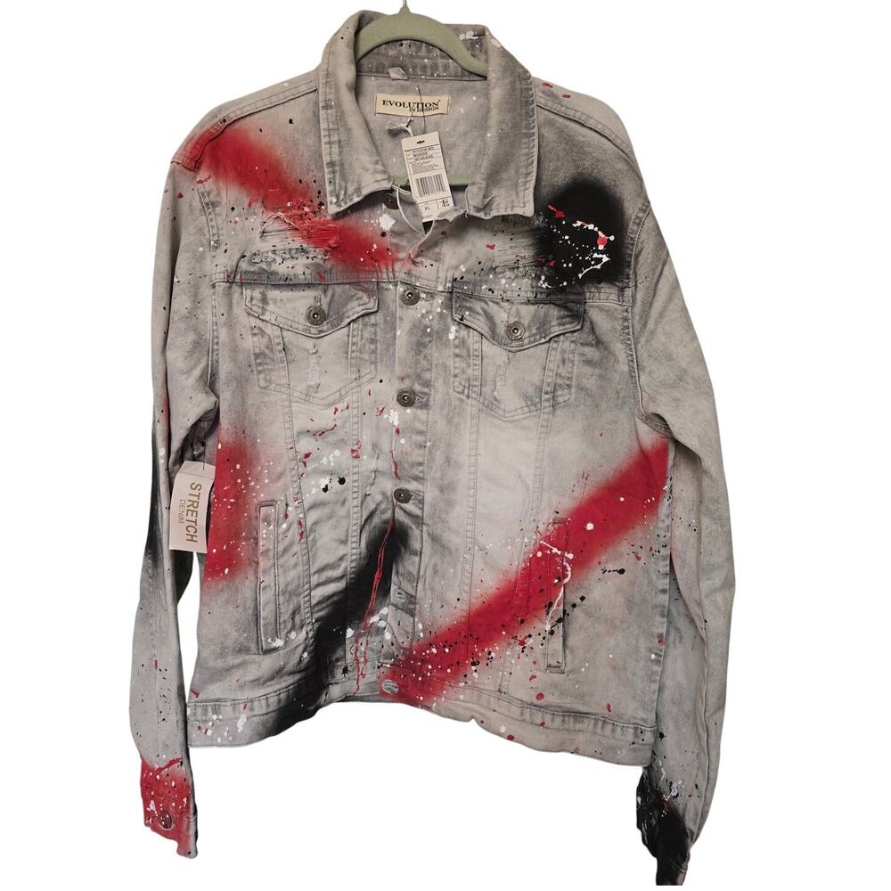 Evolution In Design Mens XL Gray Denim Jacket Paint Splatter Distressed NWT NEW